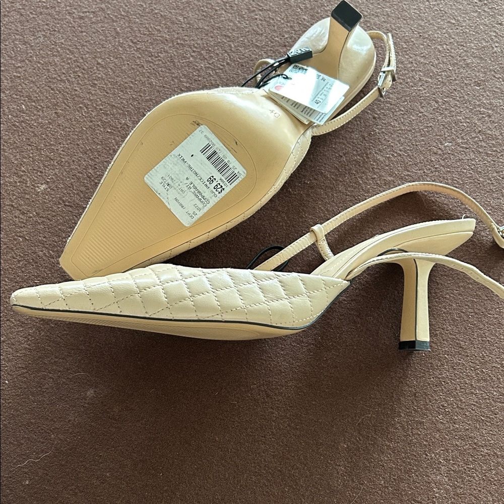 Zara Beige Quilted Slingback Heels